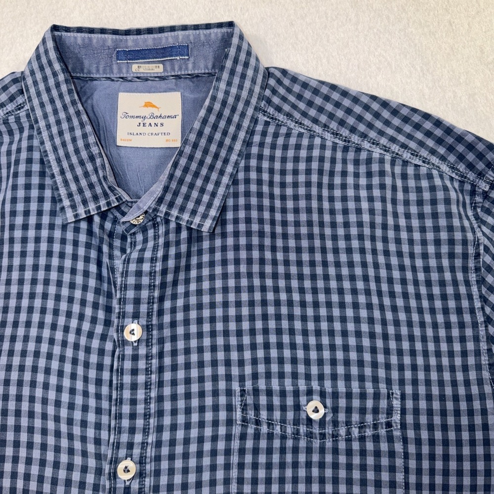 Tommy Bahama Sz XXL Island‎ Crafted Blue Navy Check Camp Shirt Short Sleeve EUC